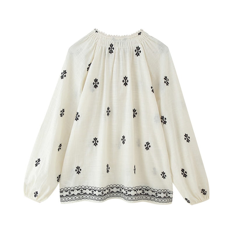 Women’s Casual Long Sleeve Lace-up Embroidered Blouse