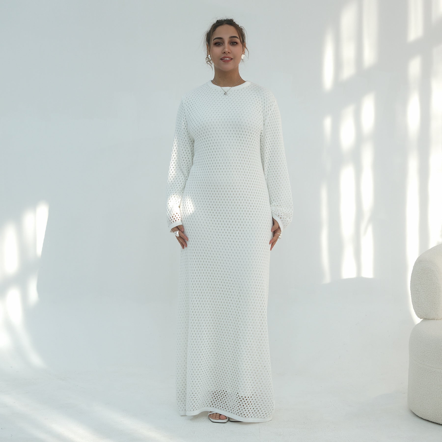 Elegant Hollow-Out Knit Dress - Modest A-Line Long Sleeve