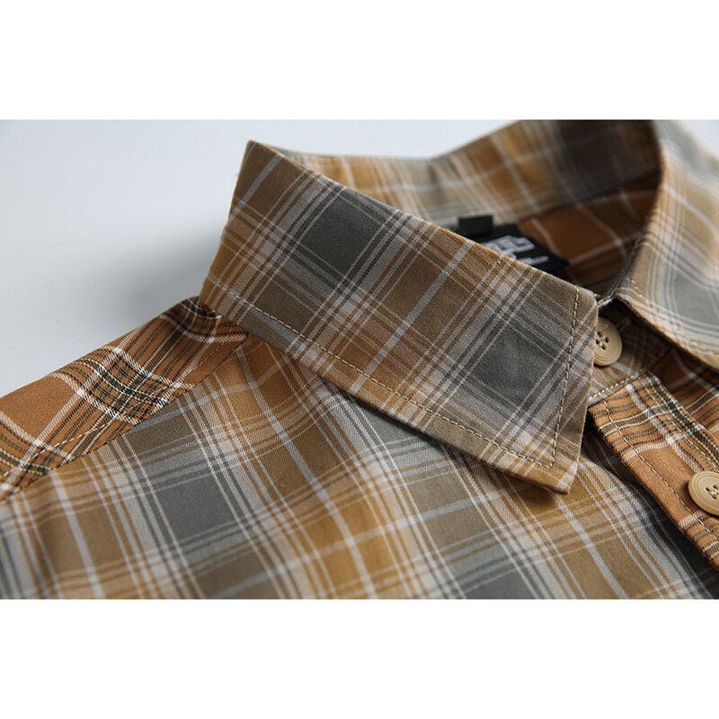 American Retro Irregular Stitching Contrast Colour Check Long Sleeve Shirt