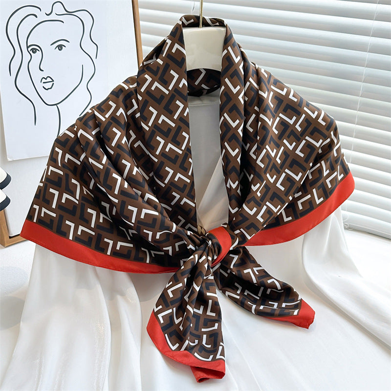 Women's Premium Twill Silk Scarf, Large Printed 90/90cm Striped Square Scarf