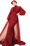 Floral Patterned Tulle Cape Evening Dress | Burgundy [Pre-Order]