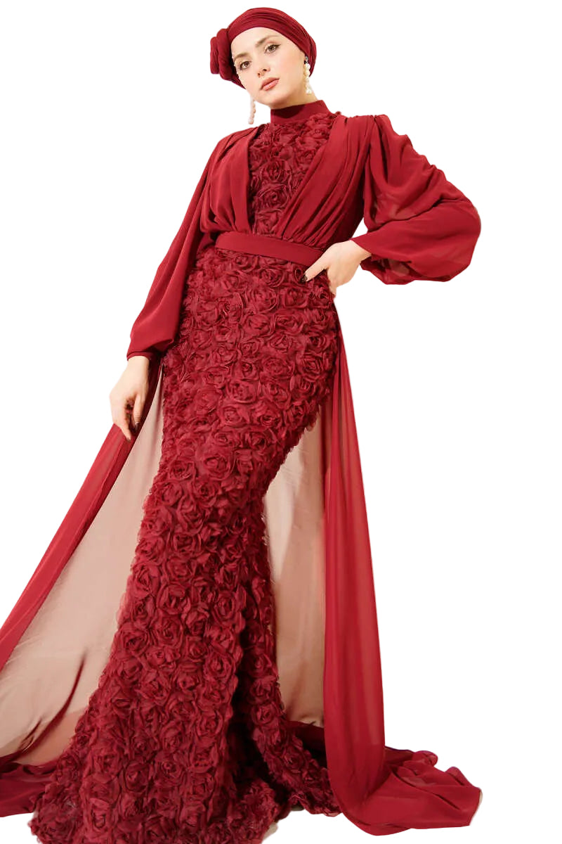 Floral Patterned Tulle Cape Evening Dress in Burgundy