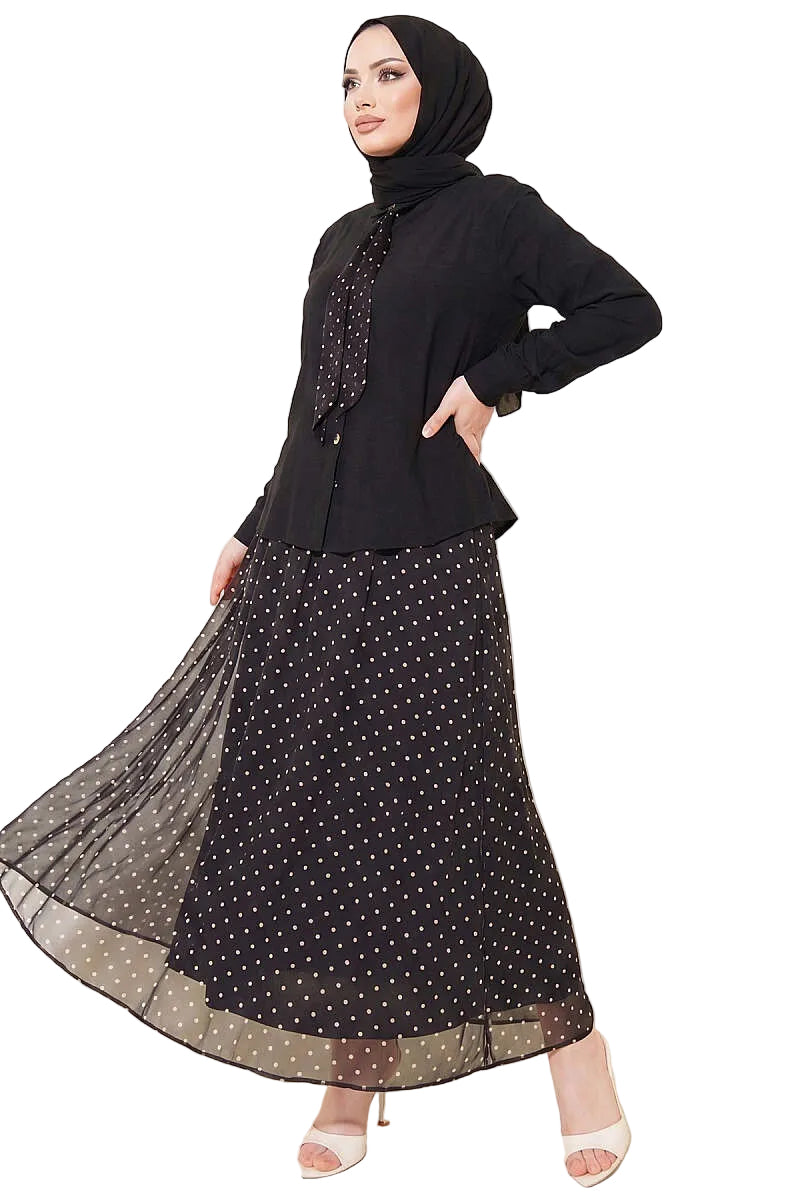 Polka Dot Patterned Two-Pieces Skirt and Scarf Set in Dark Brown