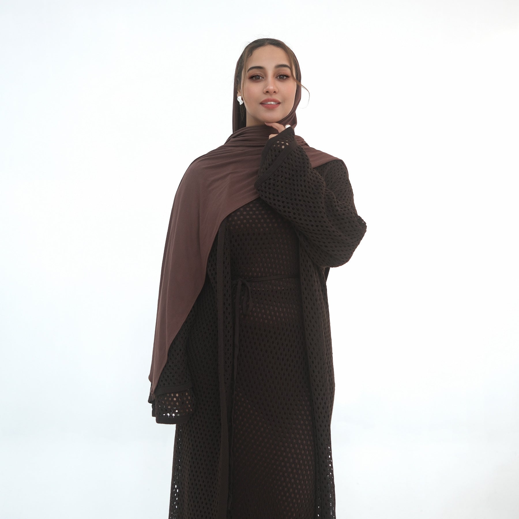 Elegant Hollow-Out Knit Dress - Modest A-Line Long Sleeve