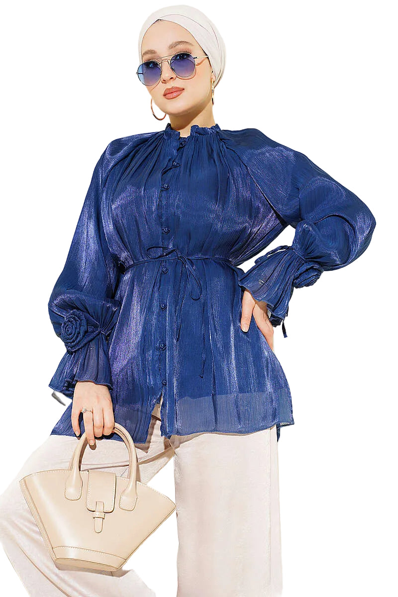 Rose Detail Evening Shirt | Navy Blue & Rose Pink | NEOMODEST London