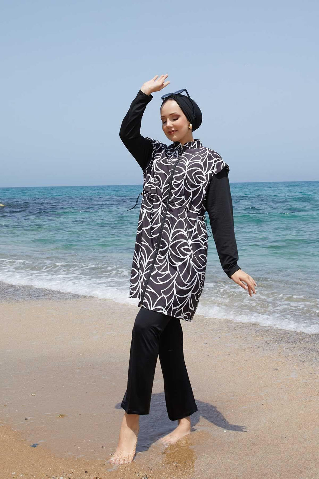 Metal Emblem Lycra Modest Swimsuit in Anthracite