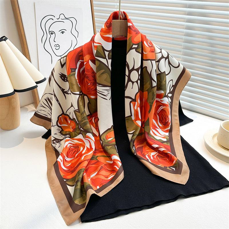 Women's Premium Twill Silk Scarf, Large Printed 90/90cm Striped Square Scarf