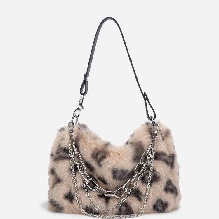 Leopard Print Bag, Underarm Bag, Plush Chain Bag