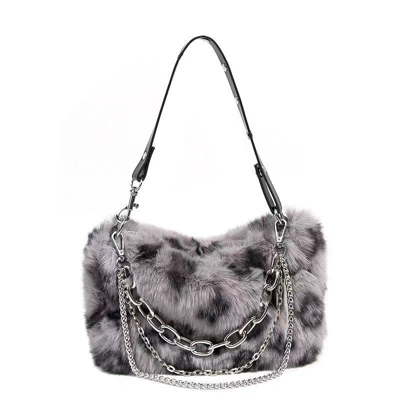 Leopard Print Bag, Underarm Bag, Plush Chain Bag