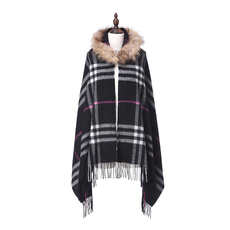 Women's Fur Collar Wool Plaid Scarf