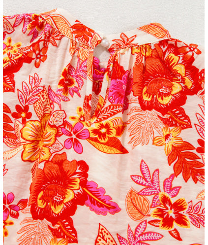 Orangefarbene Bluse mit Puffärmeln und Blumenmuster