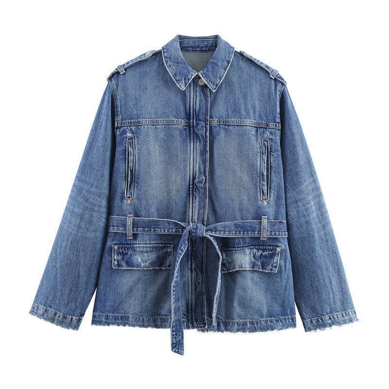 Long Denim Jacket with Loose High Waist Curl Jeans