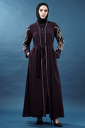 Embellished Deep Purple Abaya | Gold Embroidery & Pearl Detail | Cape Style