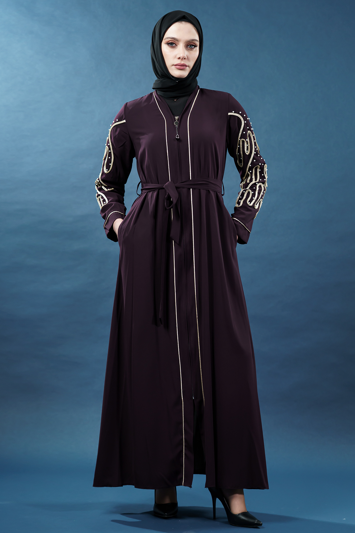 Embellished Deep Purple Abaya | Gold Embroidery & Pearl Detail | Cape Style