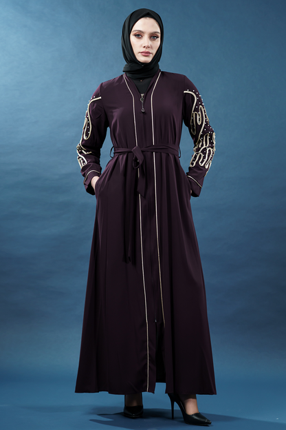 Embellished Deep Purple Abaya| Zippered