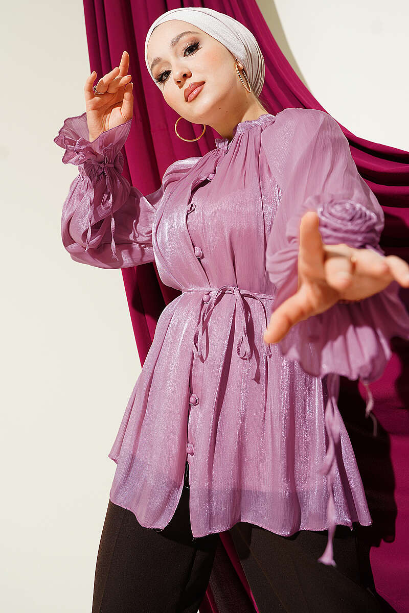 Rose Detail Evening Shirt | Navy Blue & Rose Pink | NEOMODEST London