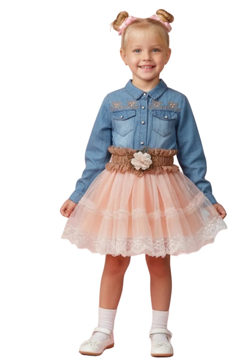 Girl's Floral Embroidered Denim Top & Tulle Skirt Dress