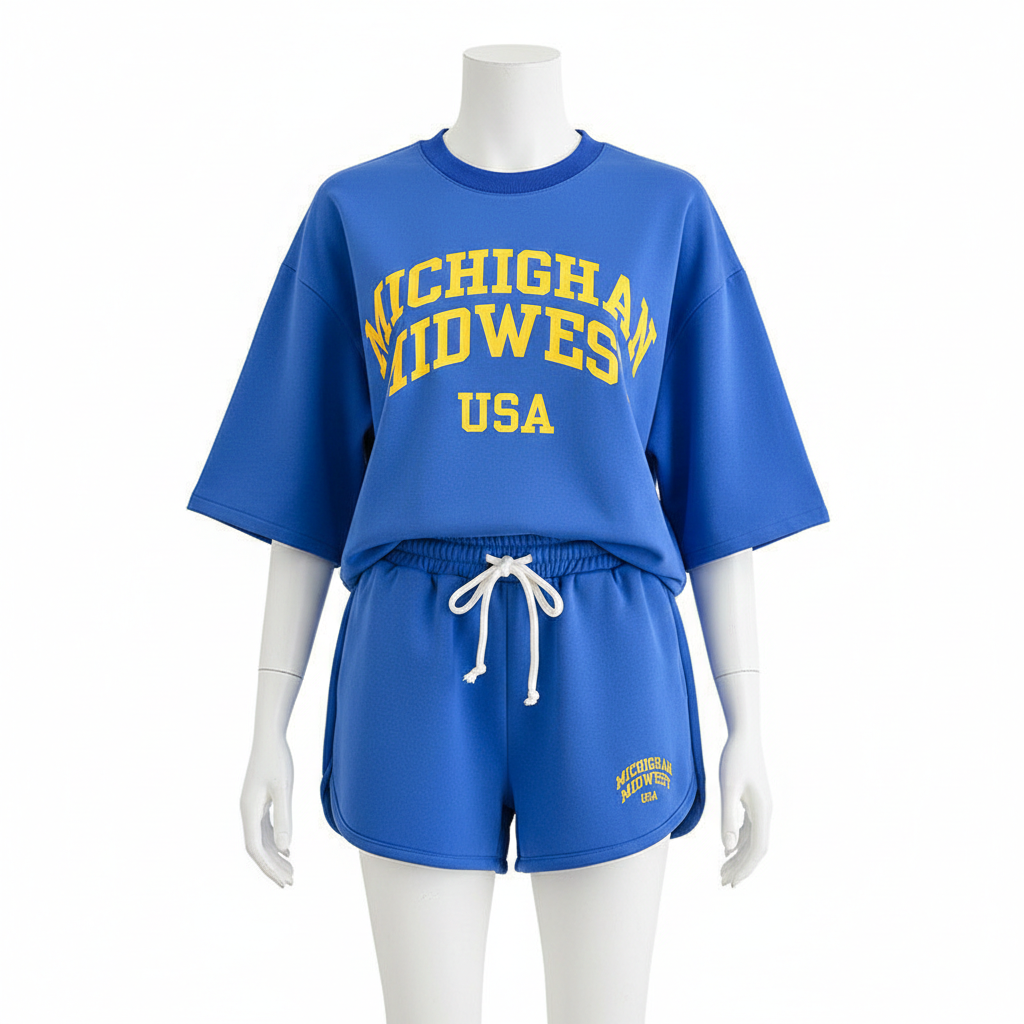Blue sweatshirt and shorts set with 'Michigan Midwes USA' text on a mannequin against a white background
