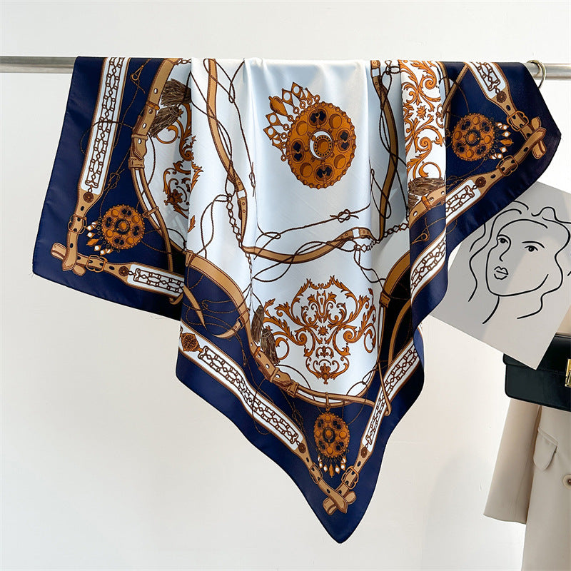 Women's Premium Twill Silk Scarf, Large Printed 90/90cm Striped Square Scarf
