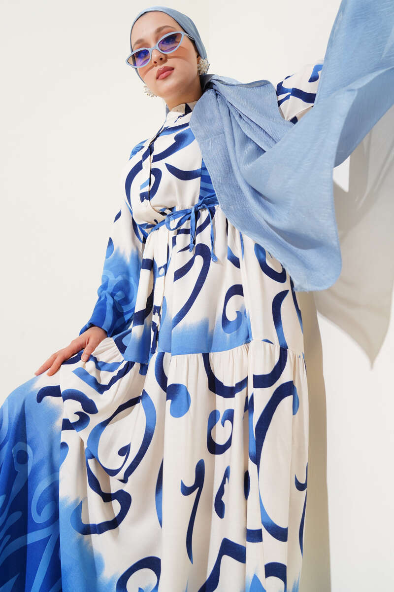 Patterned Summer Dress – Drawstring Belt | Khaki & Indigo