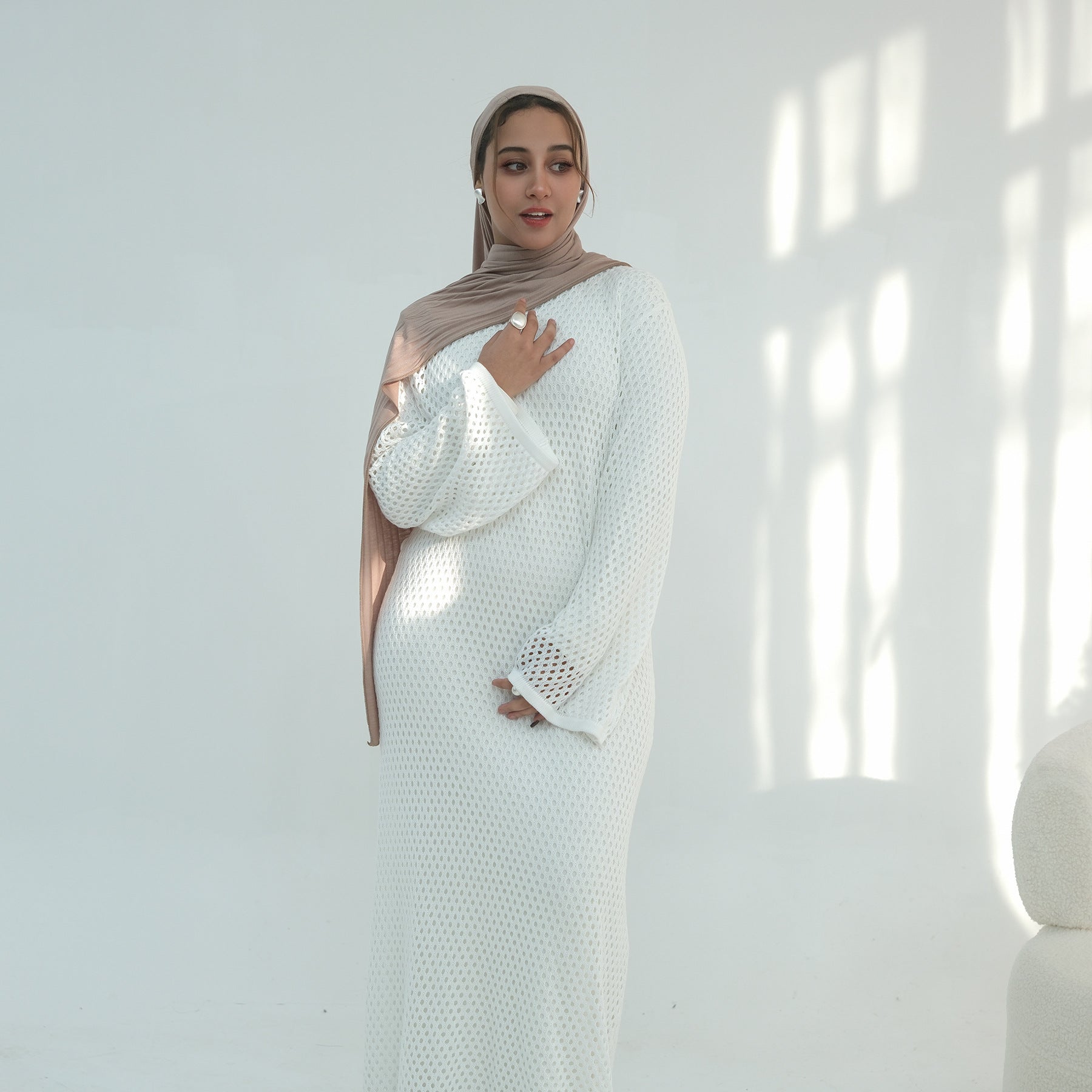 Elegant Hollow-Out Knit Dress - Modest A-Line Long Sleeve