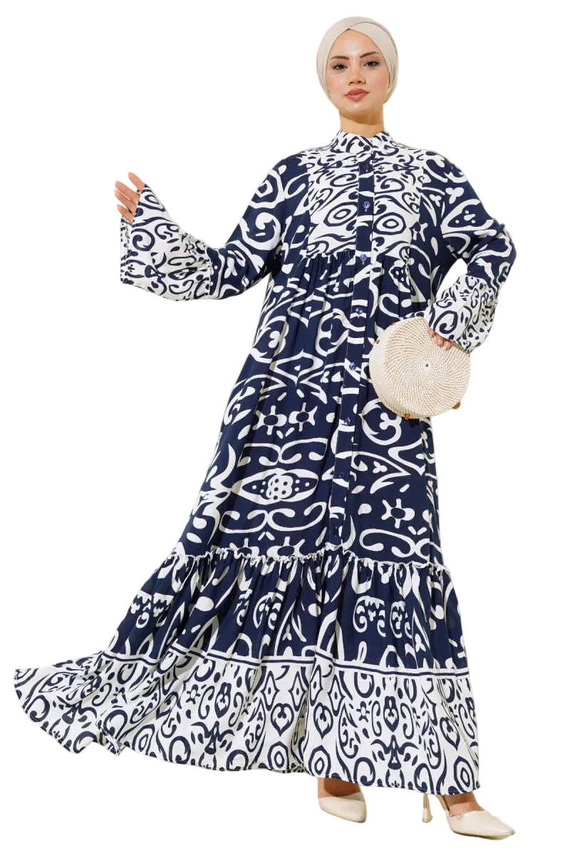 Ethnic Print Buttoned Maxi Dress — Navy Blue