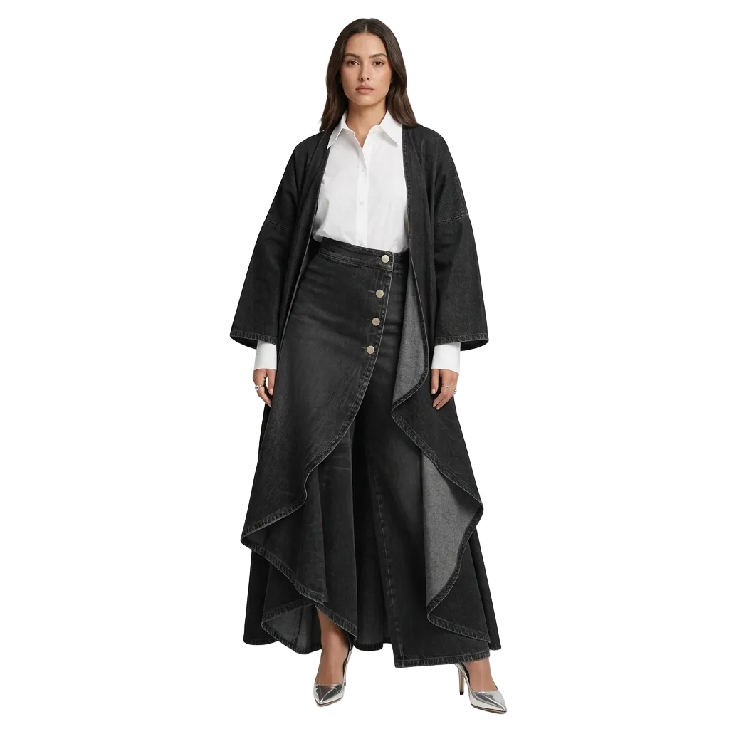Woman wearing a long black coat over a white shirt and denim skirt on a white background