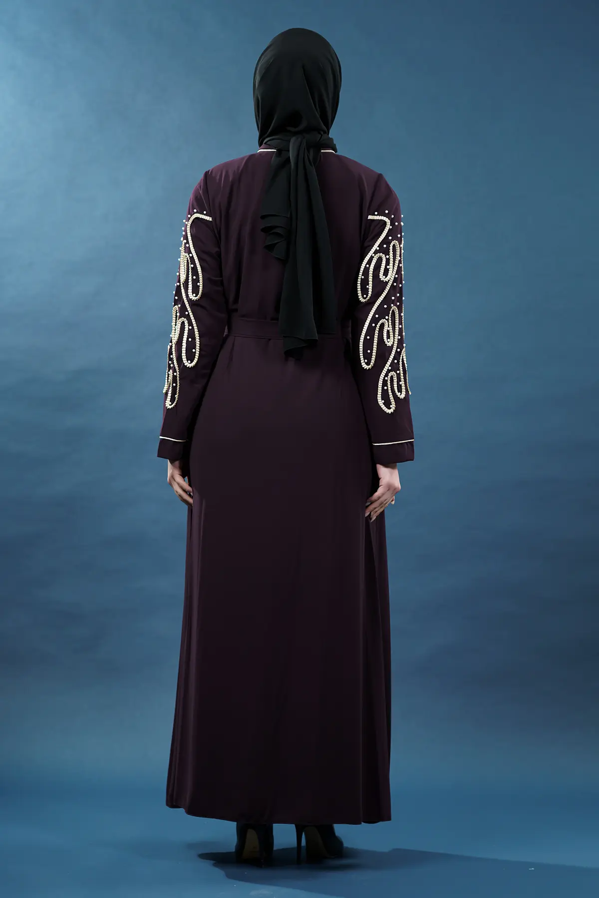 Embellished Deep Purple Abaya | Gold Embroidery & Pearl Detail | Cape Style