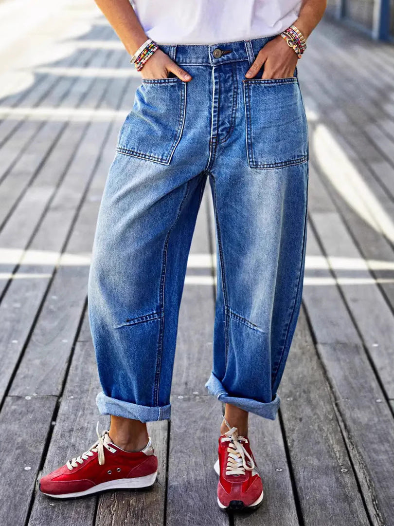 Mid-Rise Cropped Boot-Cut Jeans – Modest Denim in Blue & Grey