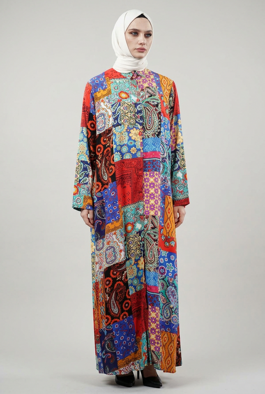 A woman wearing a white hijab and a long-sleeve button-up shirt with a highly colorful, busy patchwork paisley and floral print, posed against a solid slate blue background.
