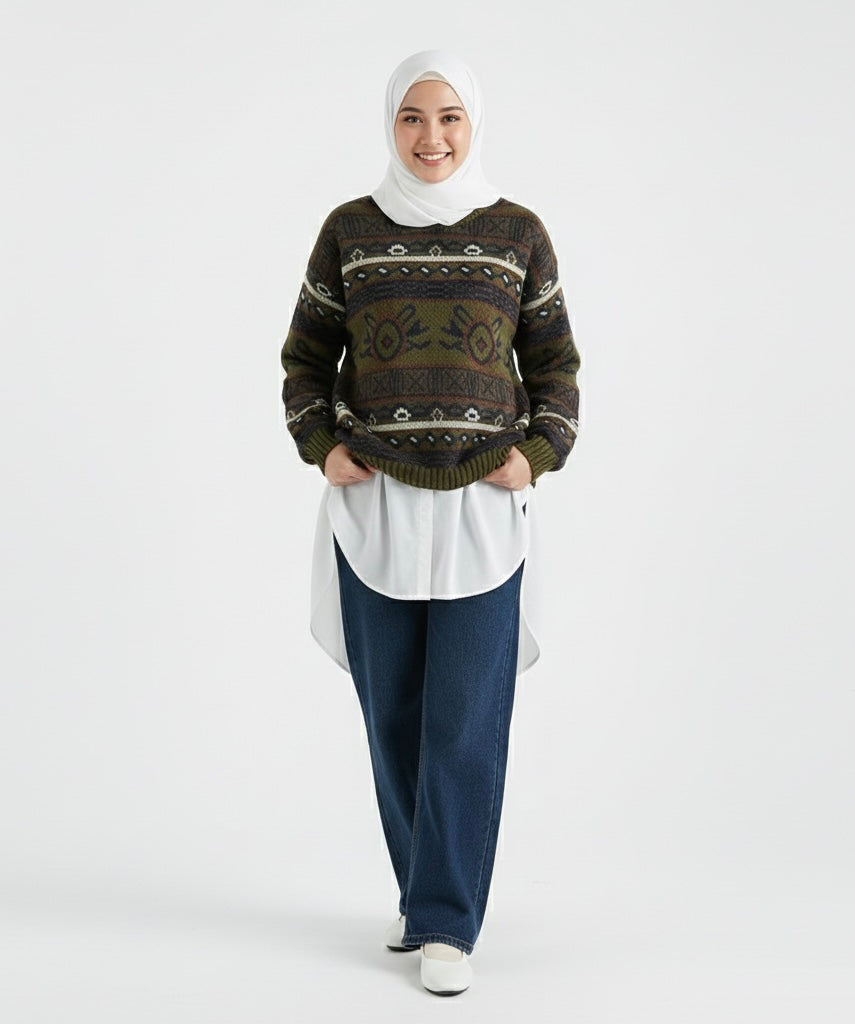 Women's Jacquard Color Block Pullover Sweater - Round Neck Knit