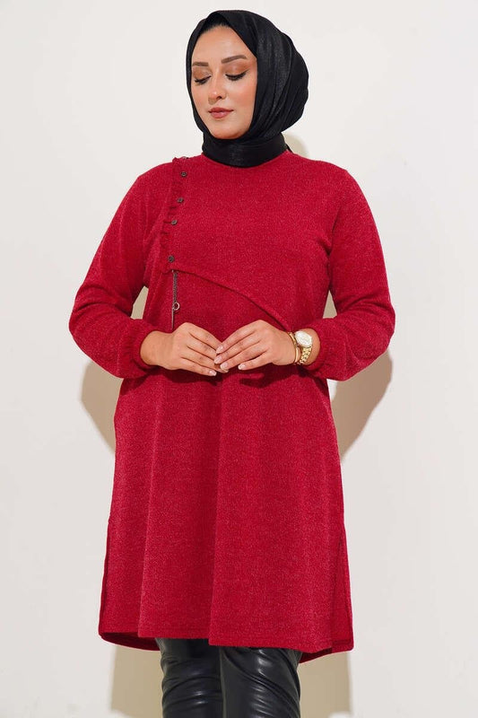 Button Detailed Plus Size Ruffle Tunic-Red