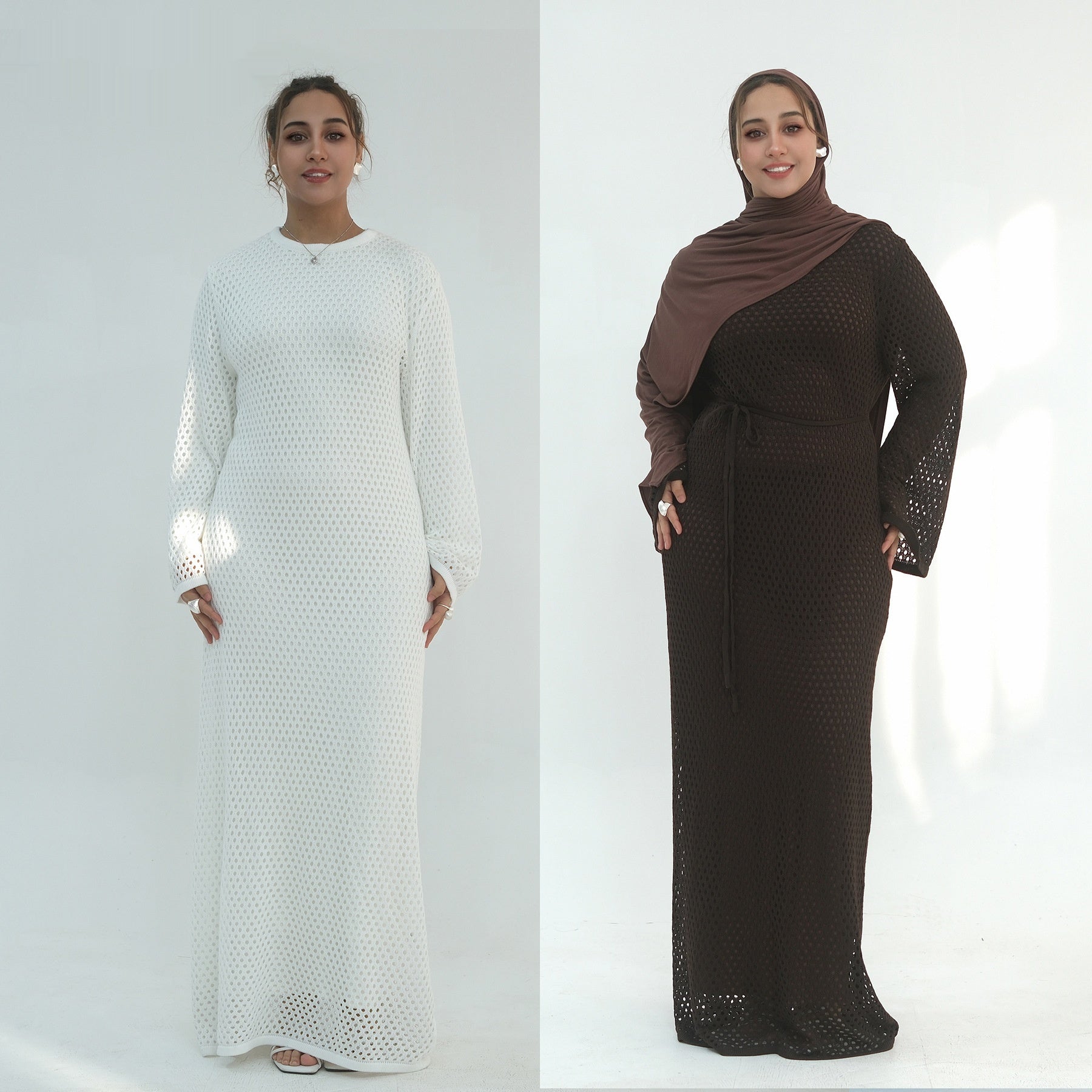 Elegant Hollow-Out Knit Dress - Modest A-Line Long Sleeve