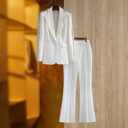 Women's Embellished Evening Suit, Luxury Suit Coat with Wide Leg Trousers