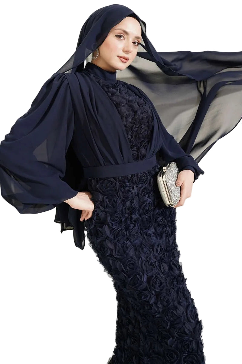 Floral Patterned Tulle Cape Evening Dress