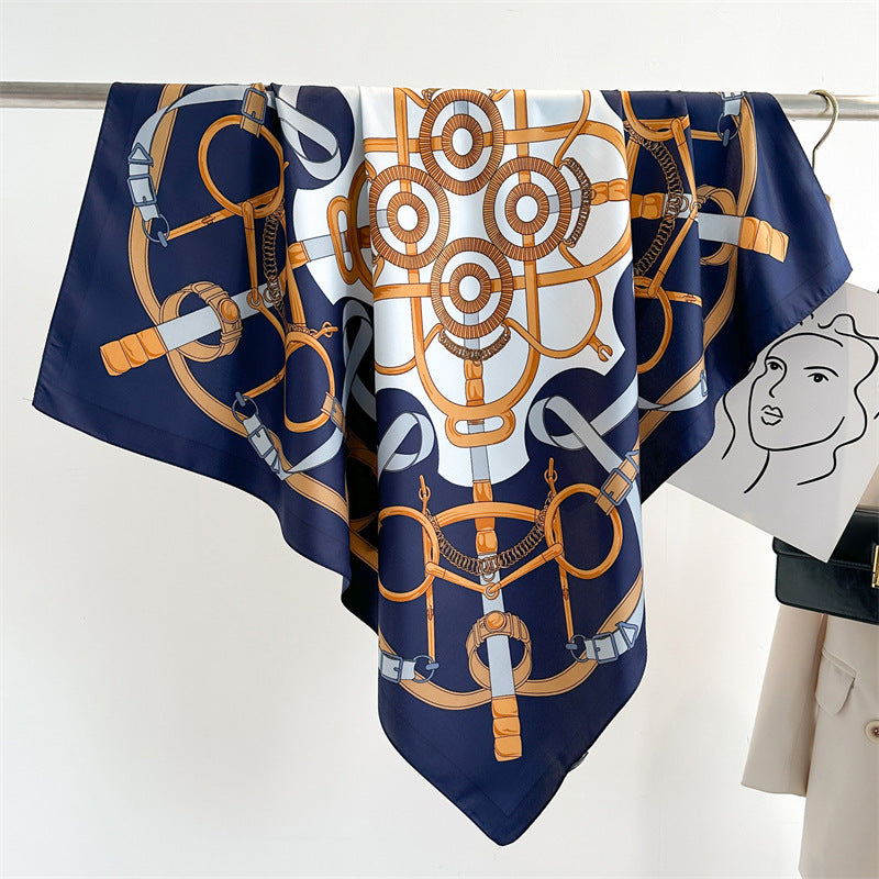Women's Premium Twill Silk Scarf, Large Printed 90/90cm Striped Square Scarf