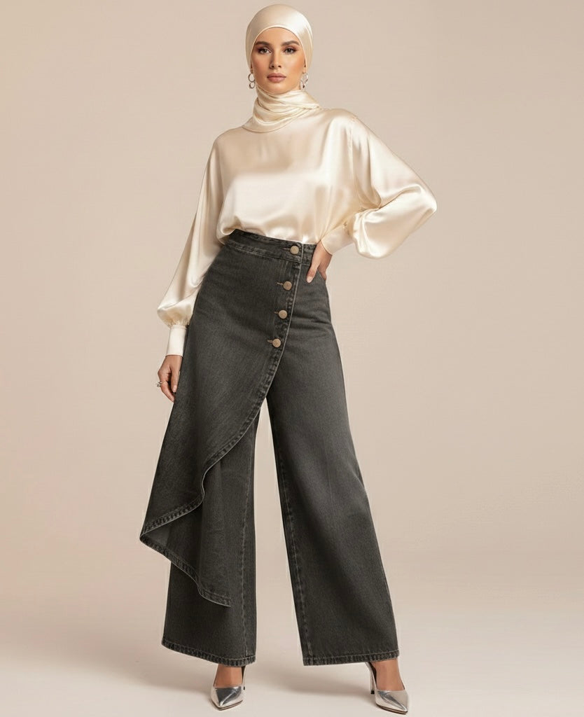 Woman wearing a cream blouse and black wide-leg jeans with button details on a beige background