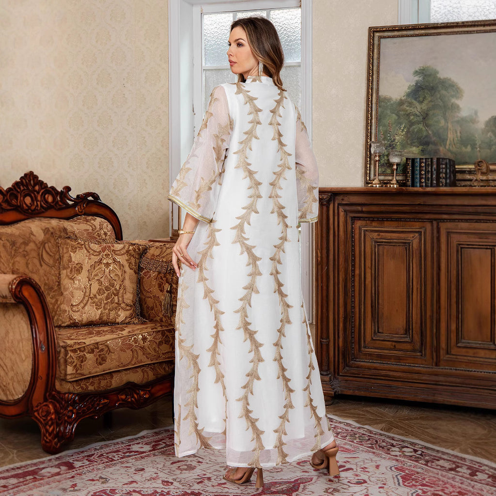 Women's Heavy Mesh Embroidery Long Robe, Middle Eastern Luxury Abaya Cape