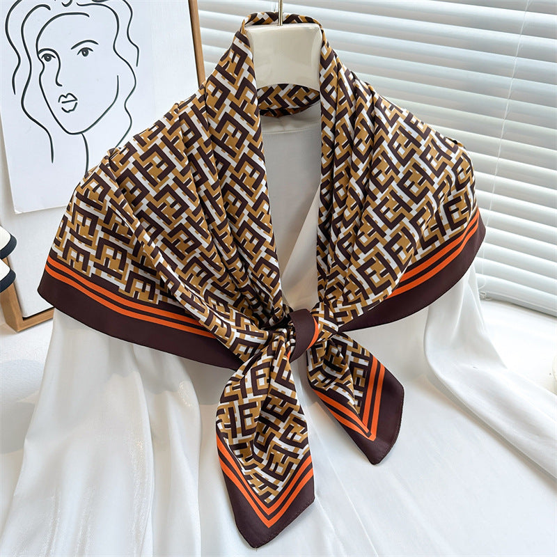 Women's Premium Twill Silk Scarf, Large Printed 90/90cm Striped Square Scarf