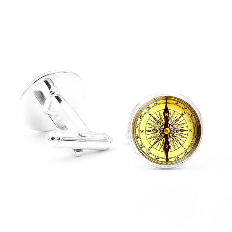 Vintage Compass & Time Glass Dome Cufflinks | Unisex Metal Accessories