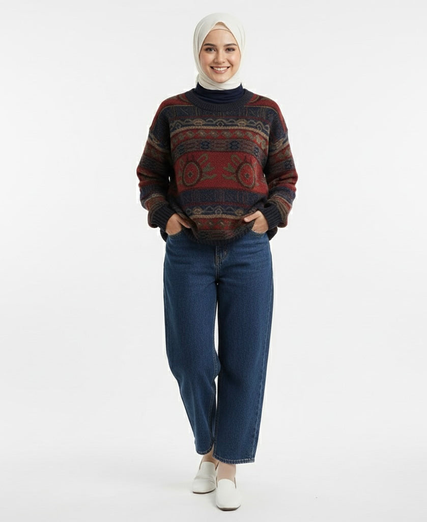 Women's Jacquard Color Block Pullover Sweater - Round Neck Knit