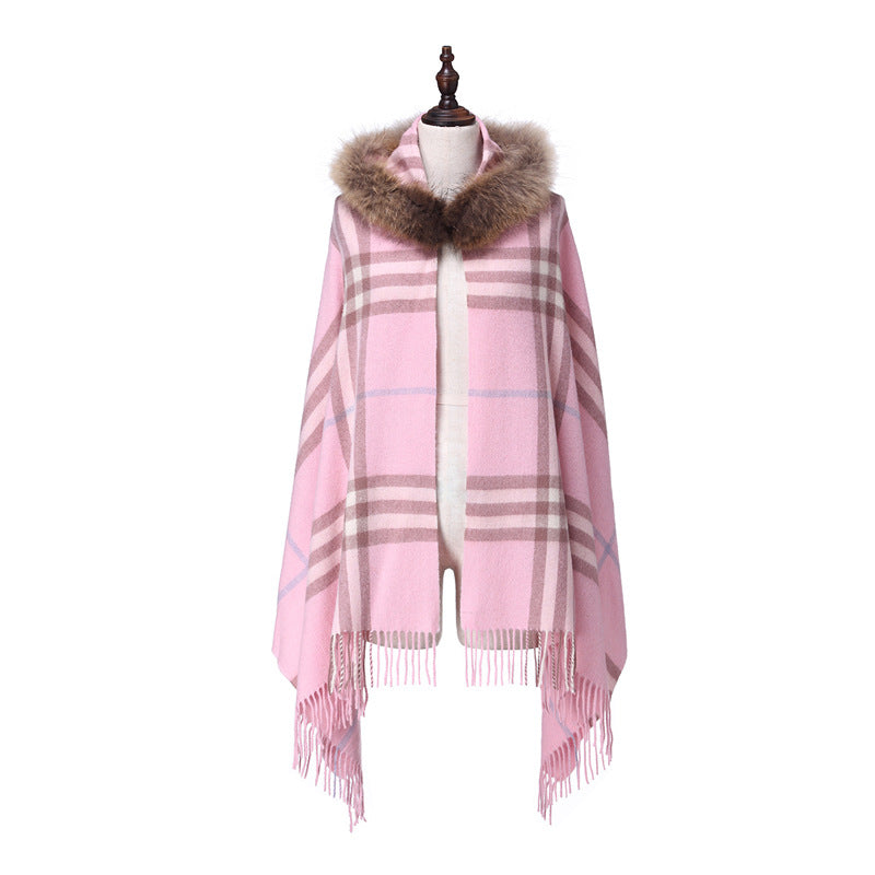 Women's Fur Collar Wool Plaid Scarf