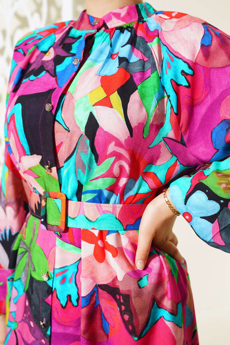 Mixed Pattern Button-Down Dress Fuchsia