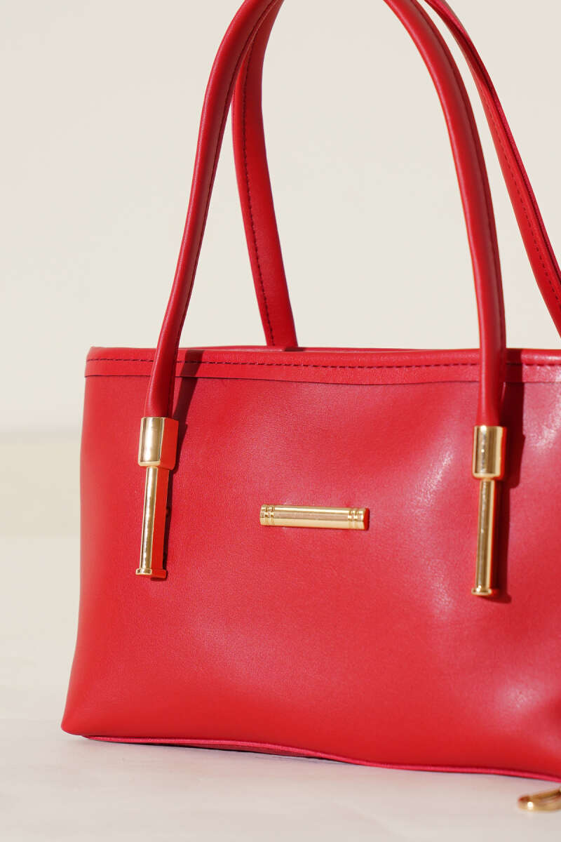 Metal Emblem Detailed Bag, Red, Fuchsia