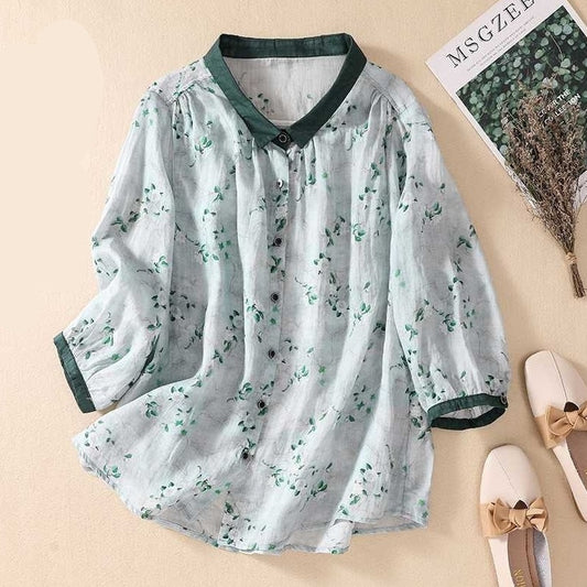 Women's Cotton And Linen Top, Loose Printed Linen Shirt