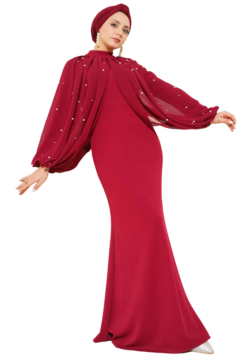 Burgundy Steep Collard Evening Dress with Pearl Cape