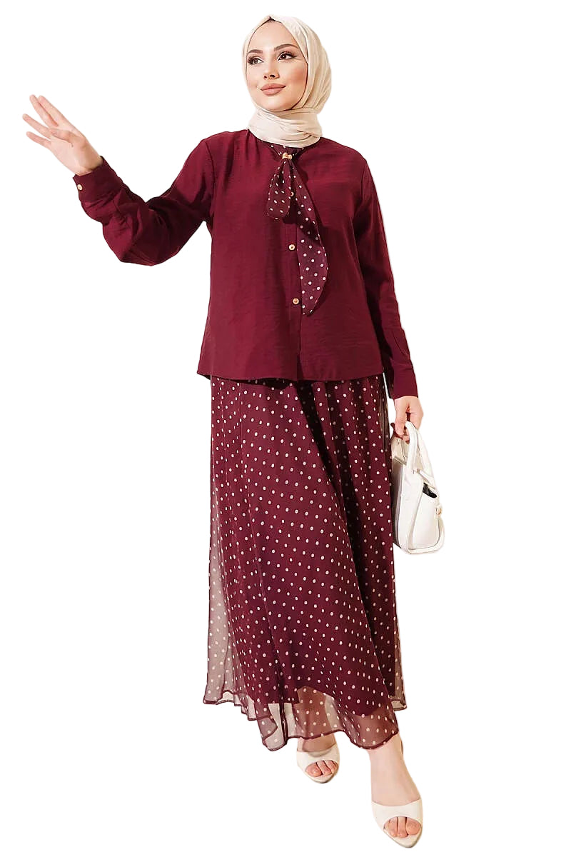 Two-Pieces Set with Polka Dot Skirt and Scarf, Burgundy