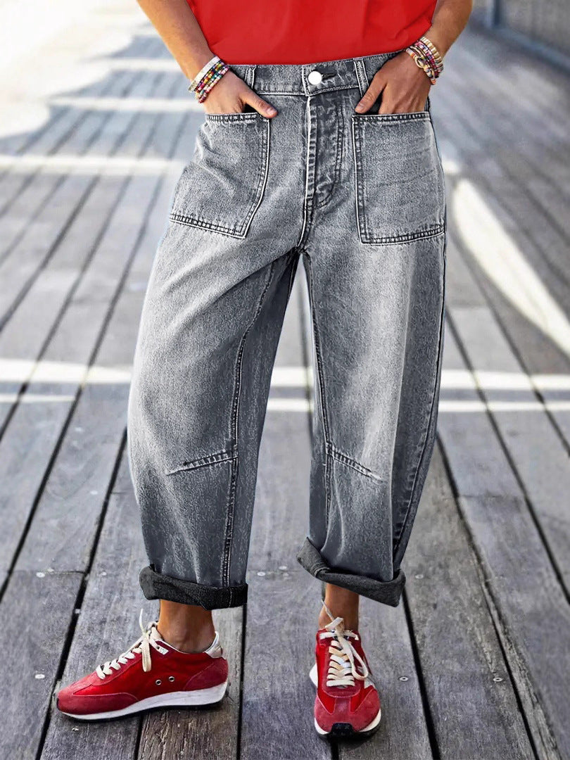 Mid-Rise Cropped Boot-Cut Jeans – Modest Denim in Blue & Grey