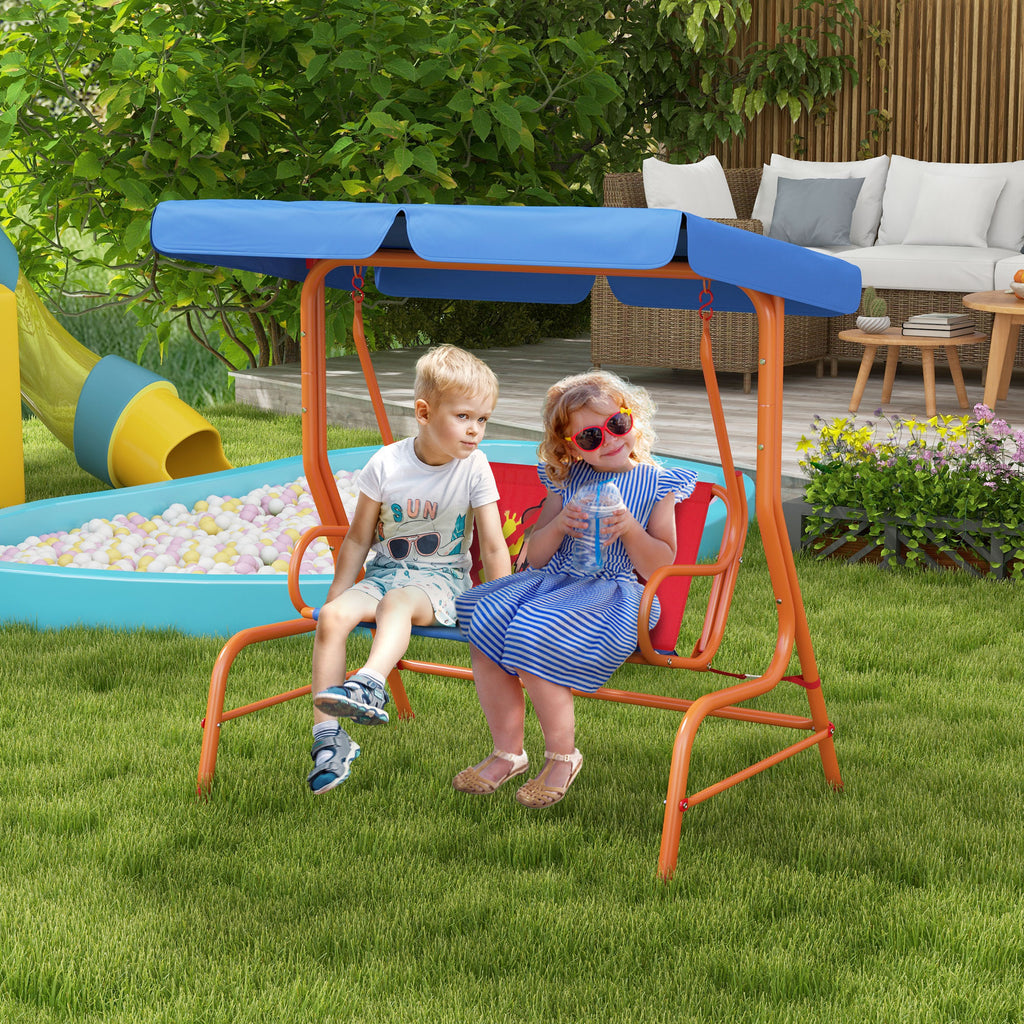 Two Seater Kids Garden Swing, Cowboy Themed Kids Swing Chair With Adjustable Canopy, Safety Belts For Outdoor Use