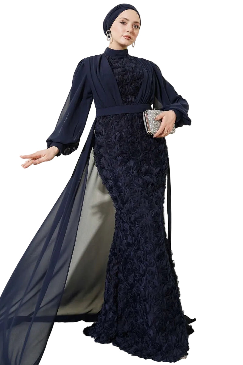 Floral Patterned Tulle Cape Evening Dress